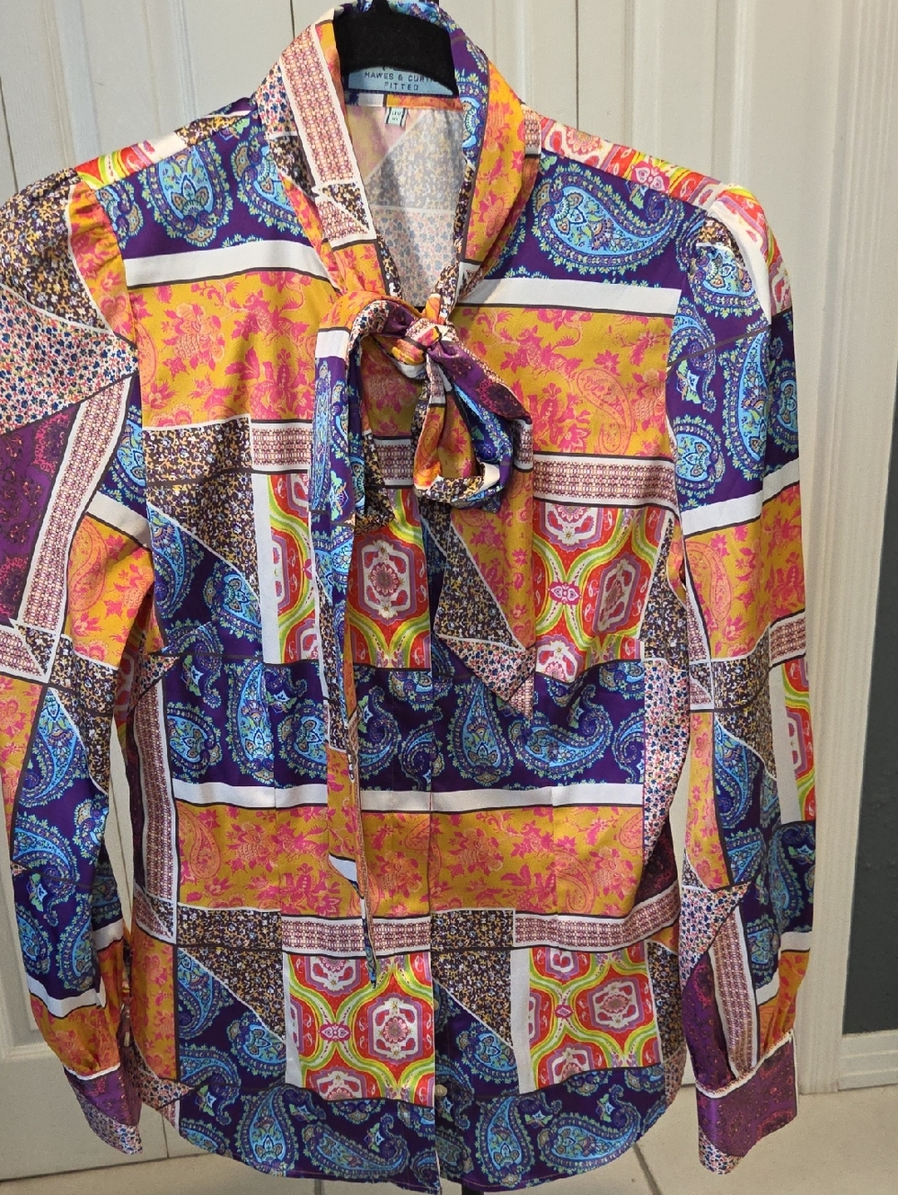 Sz 6 - Hawes & Curtis  Patchwork Paisley Tie-Neck Blouse - Purple & Yellow